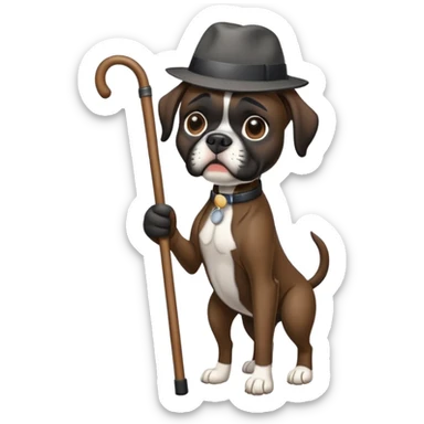 Elderly black boxer dog standing on hind leg using a cane sticker