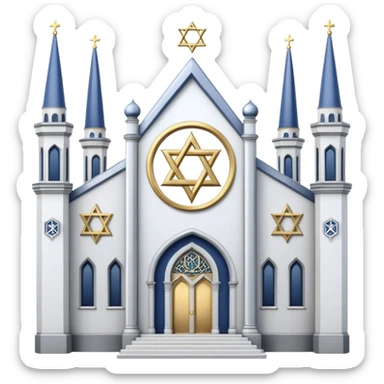 reform jewish synagogue similar in architecture to historical religious architecture in europe. the building should be white with silver/golden features, gothic architectural elements and star of david. no crosses. the emoji should be in ios emoji style. sticker