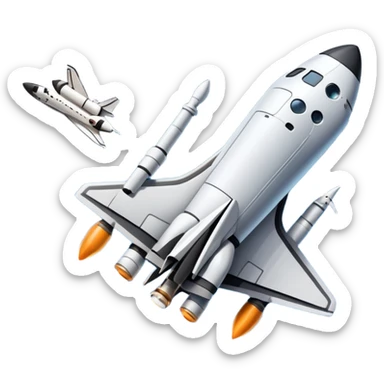 An icon featuring a space shuttle and an airplane against a starry sky, symbolizing aerospace technology. The design includes rocket boosters and satellite orbits, representing the exploration of space and advanced aviation. Transparent background sticker
