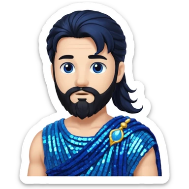 Neptune from Roman Deities with long black hair and beard, blue sequin toga sticker
