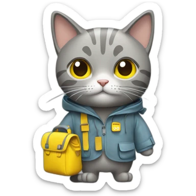 Grey cat with camera and a raincoat, yellow bagpack  sticker