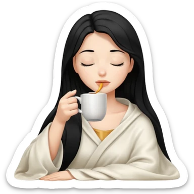 black hair girl long hair inside a white milky satin blanket sipping coffee eyes closed  sticker