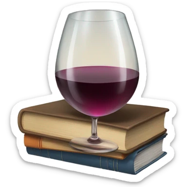 a glass of wine and a stack of books sticker