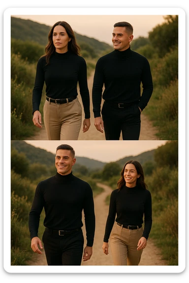 a man and a woman walk together along a winding path in a natural landscape. In one version, the woman leads confidently while the man follows a few steps behind, looking at lei con ammirazione. In un’altra versione, i ruoli sono invertiti, con l’uomo che guida e la donna che lo segue sorridendo. La scena trasmette l’idea che entrambi possano guidare o seguire, a seconda del momento. sticker