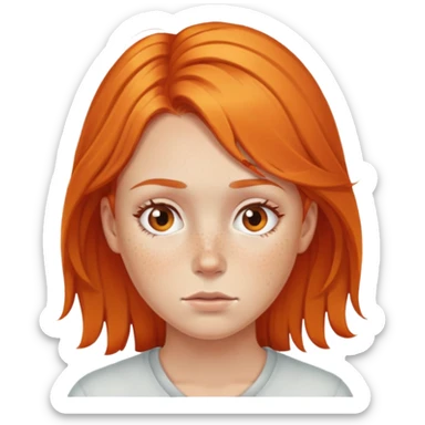 Orange hair girl, freckles, not smiling, tired sticker