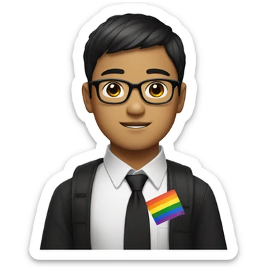a asian boy with black square like glasses with brown hair with pride flag sticker