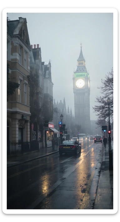 Cinematic shot of a london street, cloudy foggy day, soft light, leading lines to big ben in distance, multi composition, in foreground blurred car, on second street around UK bulding, od another plan in distance big ben, birds flying, artistic look, captured on arri alexa 35 sticker