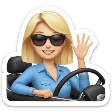 blonde woman driving car. one hand up Happy face confidence sticker