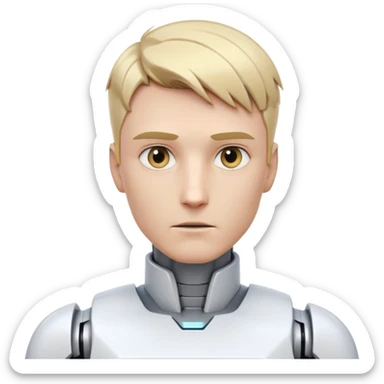 Male robot with short blond hair, sharp jawline, intense eyes, white tech clothing, neutral expression, futuristic assistant sticker