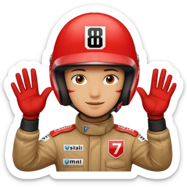 Person wearing red f1 helmet with hands saying 8 7 sticker