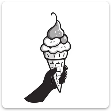 An ice cream cone with scoops of ice cream in pastel colors (dd9fb0, ffc6d3, a3bfc9, c4bee2, f1b091), hand-drawn doodle style sticker