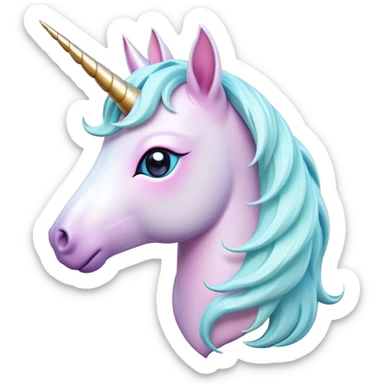 Cinematic Noble Unicorn Pony Portrait Emoji, Poised and graceful, with a delicate, miniature equine build adorned with a soft, pastel color, a tiny, shimmering horn and a silky mane that hints at magical charm, Simplified yet sharp and sophisticated features, highly detailed, glowing with a soft, enchanted glow, high shine, intelligent and spirited, stylized with an air of fairy-tale elegance, focused and poised, soft glowing outline, capturing the essence of a watchful and confident unicorn pony that appears ready to trot out of the screen with graceful magic! sticker