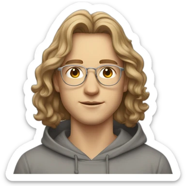 young white guy with medium long wavy hair and a fade in light brown color and rounded silver glasses with a grey hoodie on sticker
