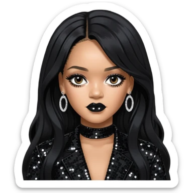 Rihanna with long jet black hair, black sequin outfit sticker