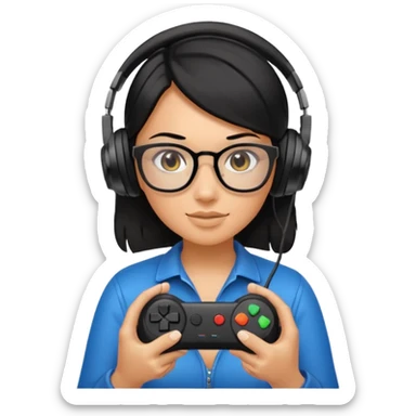 
gamer, woman shiny black hair no eyebrows with glasses, headphone, gamepad sticker