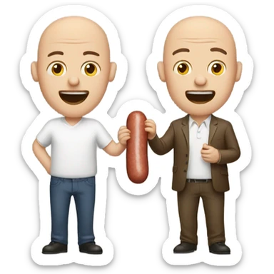 Two man eating one sausage one bald the other with brown hair sticker