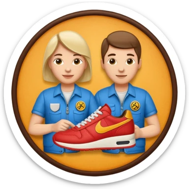 circular achievement style badge featuring two people working together making a sneaker sticker