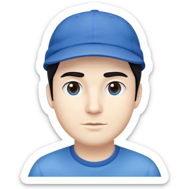 man with black hair and white skin wearing a blue cap hat sticker