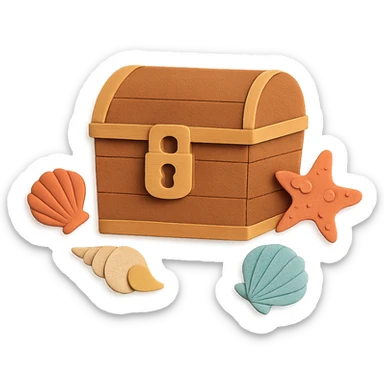 closed treasure chest with a lock, surrounded by seashells and starfish, paper-craft style sticker