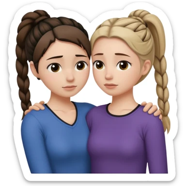 Comforting Hug two white skin women, one shorter woman with medium brown simple top ponytail, not braided, and one taller skinny sad face woman with a single long black side braid sticker