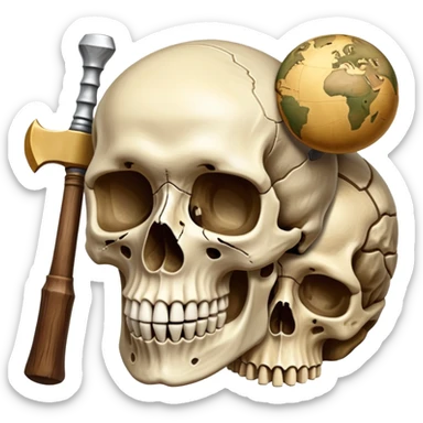 An icon featuring a human skull and fossilized bones, symbolizing the study of anthropology. The design includes archaeological tools like a pickaxe and brush, with a background of ancient artifacts and a globe. Transparent background emphasizes the exploration of human history and evolution. sticker