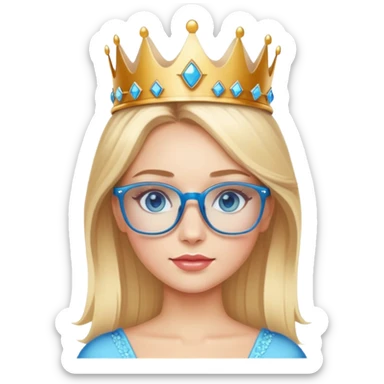 beautiful princess with blonde hair, bright blue eyes, wearing stylish glasses and a crown sticker
