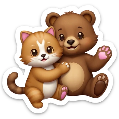 a bear and a kitty holding paws, with two playful cats nearby, emoji style sticker