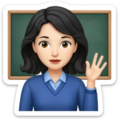 female teacher with black wavy hair, no glasses, teaching and talking sticker