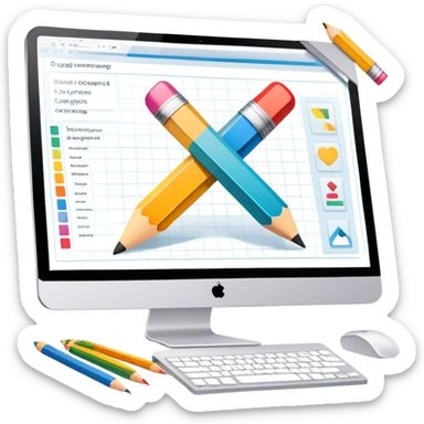 Professional emoji for Graphic Design: a computer screen displaying a design layout, vector shapes, a color palette, and design tools like a pencil and ruler. The icon should represent creativity and precision in graphic design. Transparent background. sticker