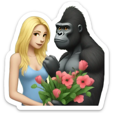 Bad boy looking Gorilla giving flowers to a blonde girl sticker