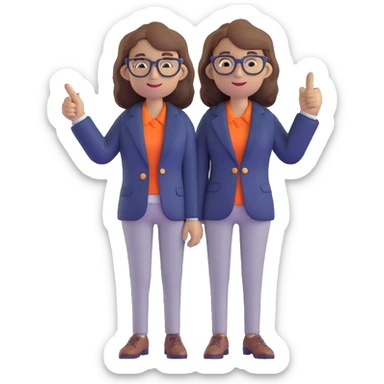 Economics professional mascot character with shoulder-length wavy brown hair, stylish glasses, navy blazer, pointing at economic symbols, full body view sticker