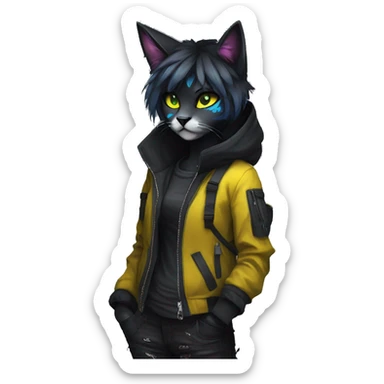 Edgy Shy Anthro cool pretty colorful dark cat-fursona techwear sticker