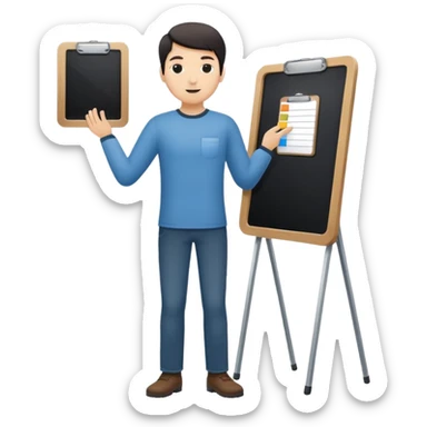 Minimalistic flat vector icon, iOS style, thin black contour on white background. Person silhouette with a project board (kanban/task board) behind. No text, no shadows.
 sticker