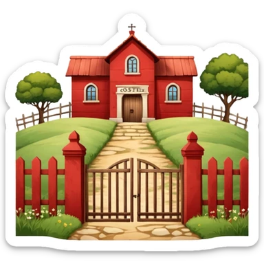 A fenced red house on a small hill with a large entrance gate bearing the inscription “Gosteli Archive,” with a farmhouse in the background. sticker