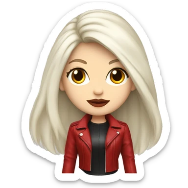 girl with long white hair, pale skin, red eyes and red lipstick in a red leather jacket sticker