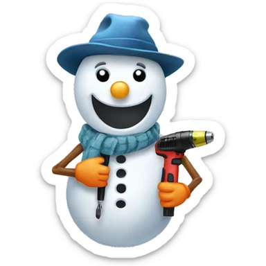 snowman with hat and scarf holding a drill sticker