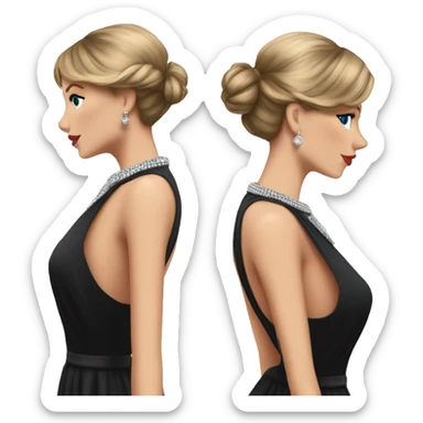 Taylor Swift looking back, black dress, hair in low bun with a strand pulled out, standing, silver diamond necklace  sticker