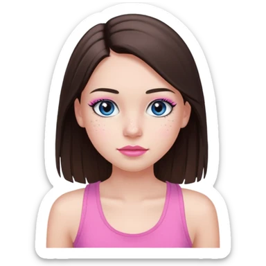 Create a teenage girl with long and straight brunette hair, light skin, light freckles, and blue-grey eyes. She will have pink lips and long black eyelashes. She will be wearing a pink tank top. sticker