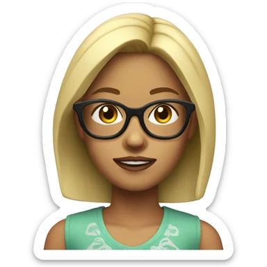 a blonde girl with glasses with a sims symbol above head sticker