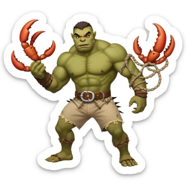 orc male flexing with giant crab. Torn net shorts, claw trophy belt sticker