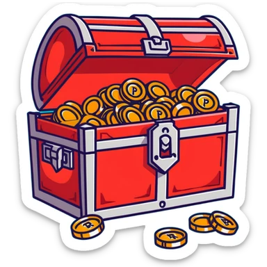 A vibrant red RPG treasure chest with gold coins spilling out sticker