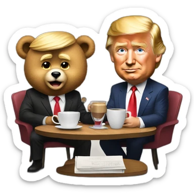 Trump caricature and Ted Bear as radio talkshow hosts with a cup of coffee sticker