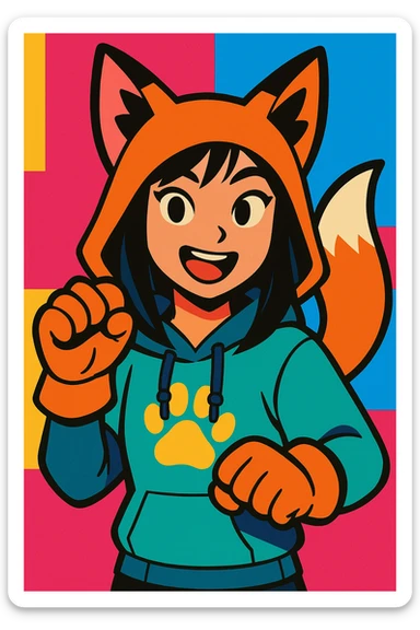Asian girl wearing therian gear, expressive, modern, vibrant colors sticker