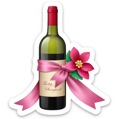 a ribbon decoration and flower decoration on a wine bottle sticker