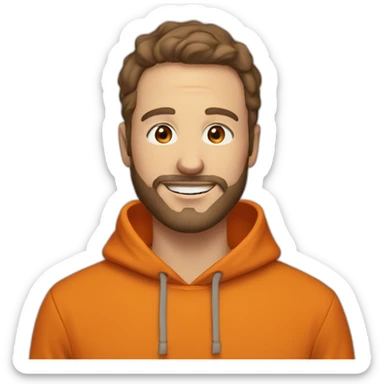 white dude smiling with a brown beard and short brown hair with an orange hooded hoodie with the letters "Posh" on the hoodie sticker