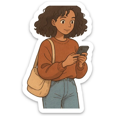 ghibli style brown woman with curly hair, it girl, daily life, daily activities sticker