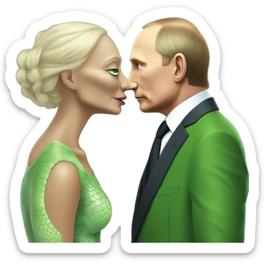a Reptilian alien woman kissing Vladimir Putin  sticker