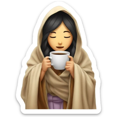 asian girl inside a blanket sipping coffee eyes closed sticker