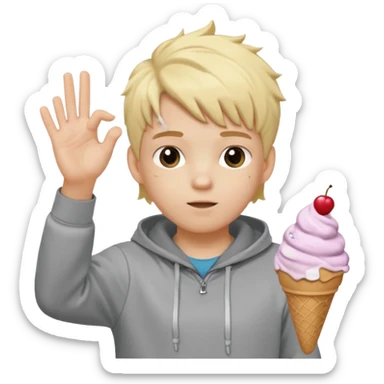 a white kid with a ice cream hairstyle blone hair with a grey hoodie and his above his hands saying 67 one 6 on 1 hand 7 on the other sticker