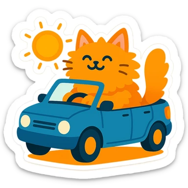 Fluffy cat sitting in a blue convertible with top down on a sunny day, background transparent, chibi stickers cartoon style. sticker